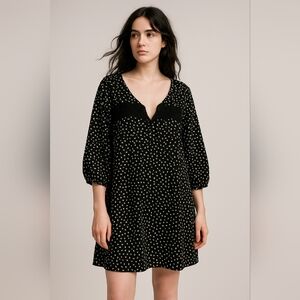 Ann Taylor‎ Black White Speckled Dress Lace Trim 3/4 Sleeve Shift Minimalist